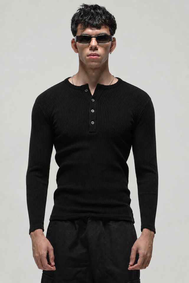 RX RIBBED HENLEY - BLACK