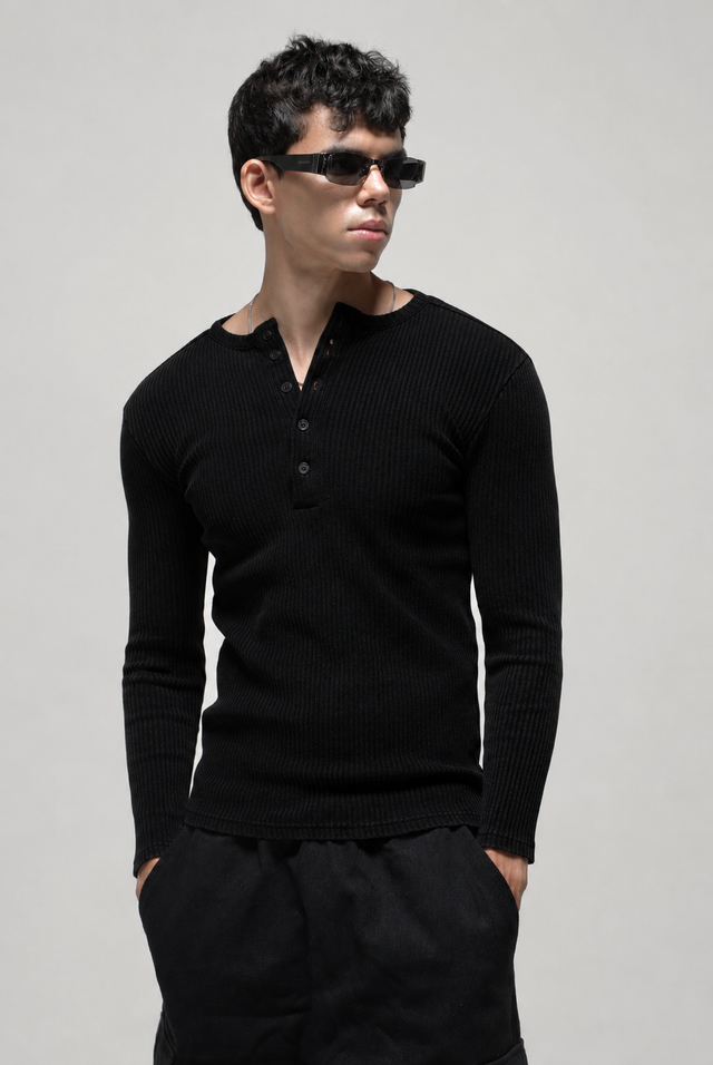 RX RIBBED HENLEY - BLACK