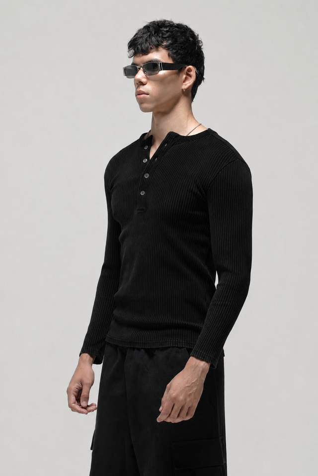 RX RIBBED HENLEY - BLACK