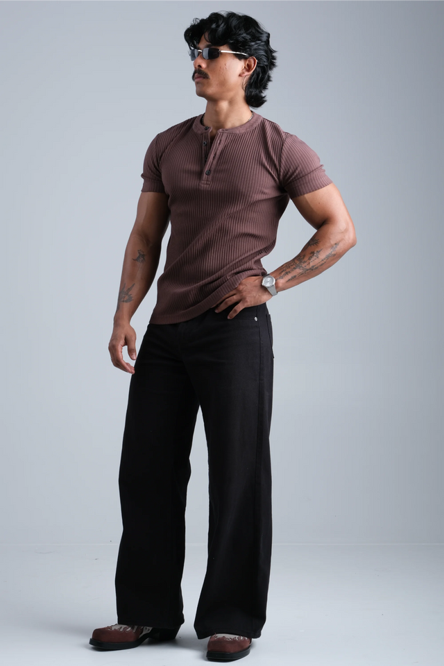 RX RIB HENLEY HALFSLEEVE - EXPRESSO